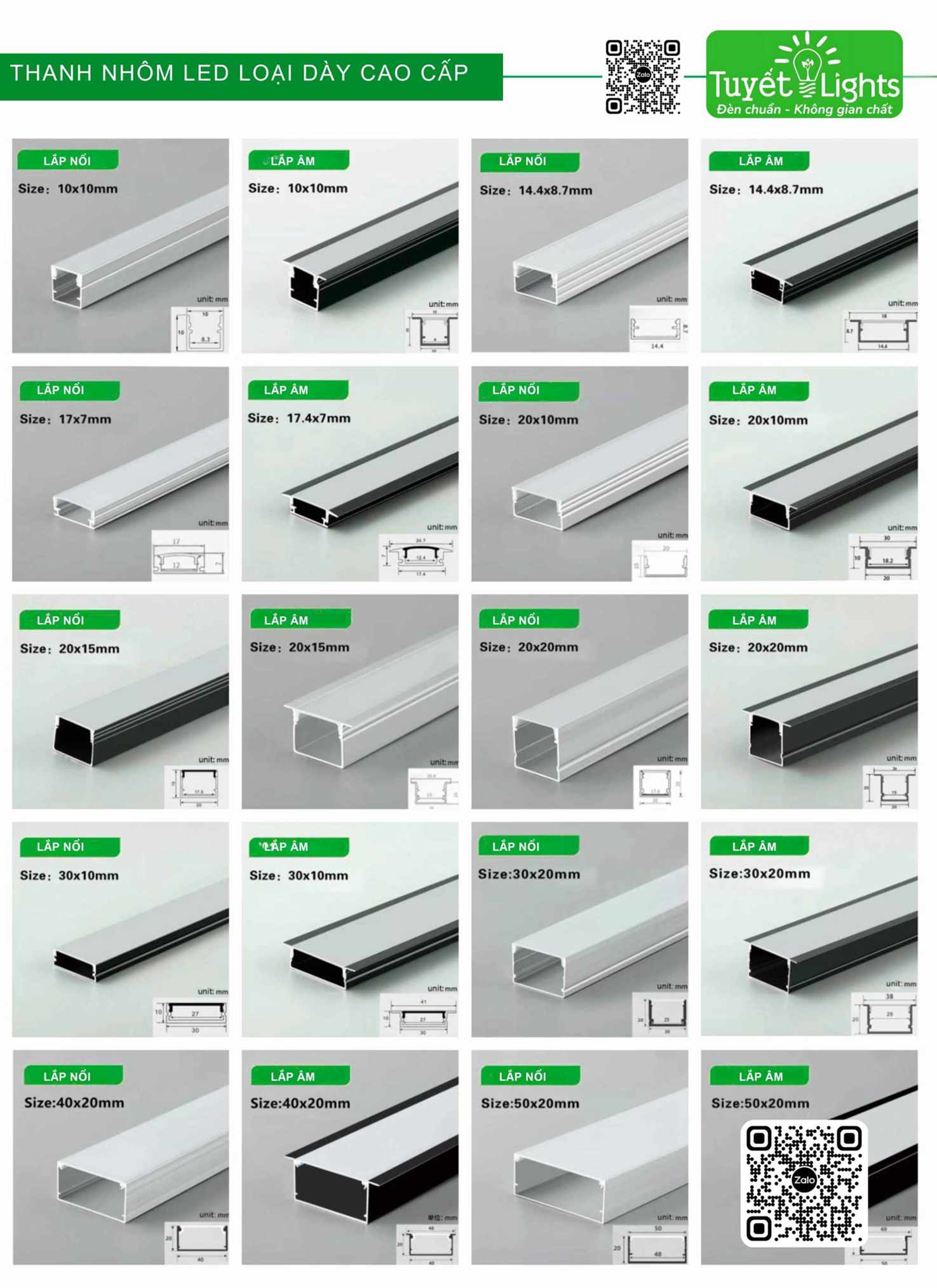 Catalogue thanh nhôm LED loại dày cao cấp Tuyết Lights nhiều kích thước lắp nổi và lắp âm